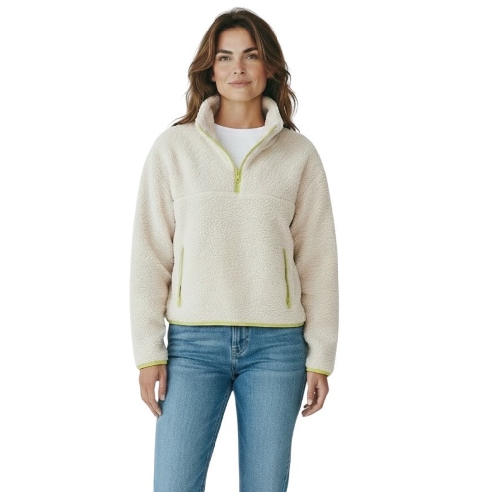 Girlfriend Collective Cream Sherpa Fleece Quarter Zip Pullover Lime Trim M Fall
